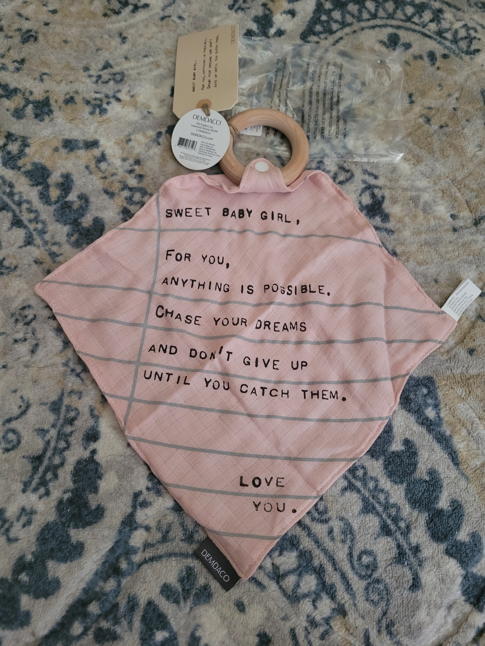 NWT Pink BabyBlankie Comforter Lovey with Wooden Teether